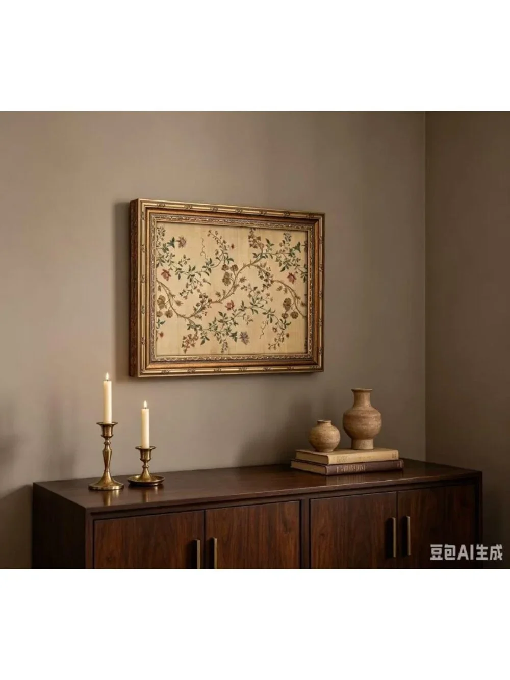 Vintage Floral Vine Wall Art - Elegant Beige Botanical Canvas Print 12x16in